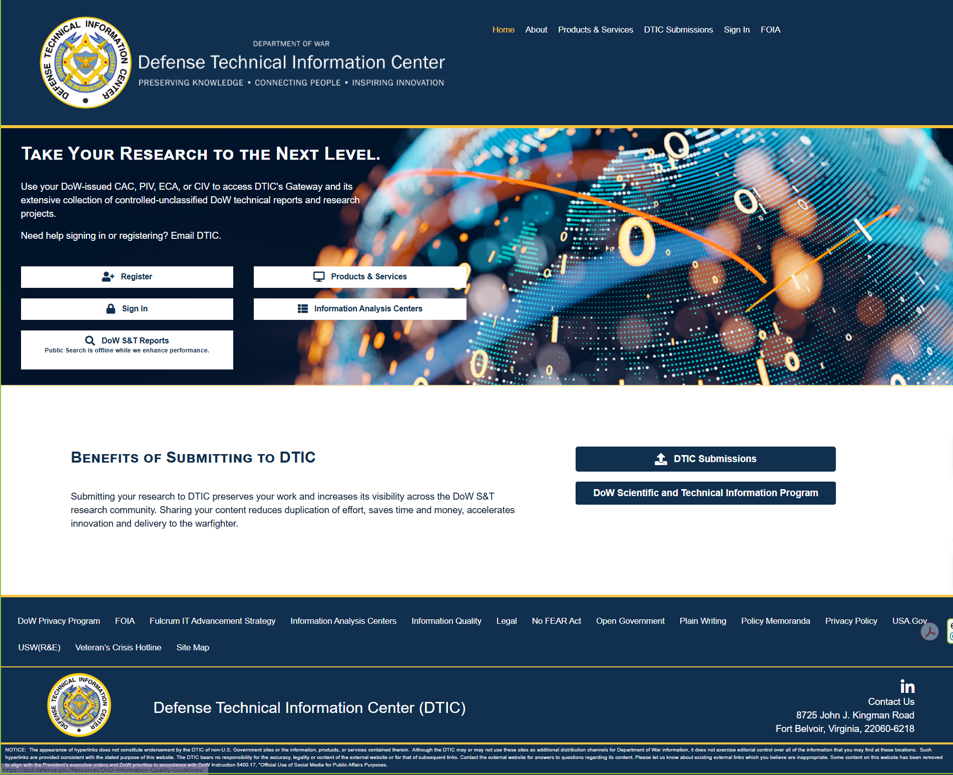 The current DTIC website, a dark blue page leading with a register and sign-in call to action