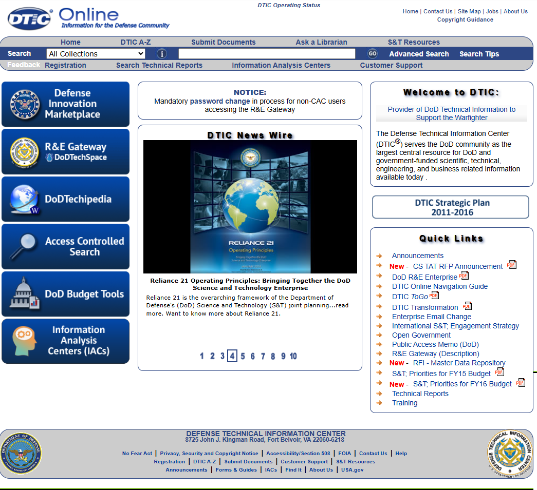 The DTIC Online website in 2015, a dense blue page with stacked link boxes and a news carousel