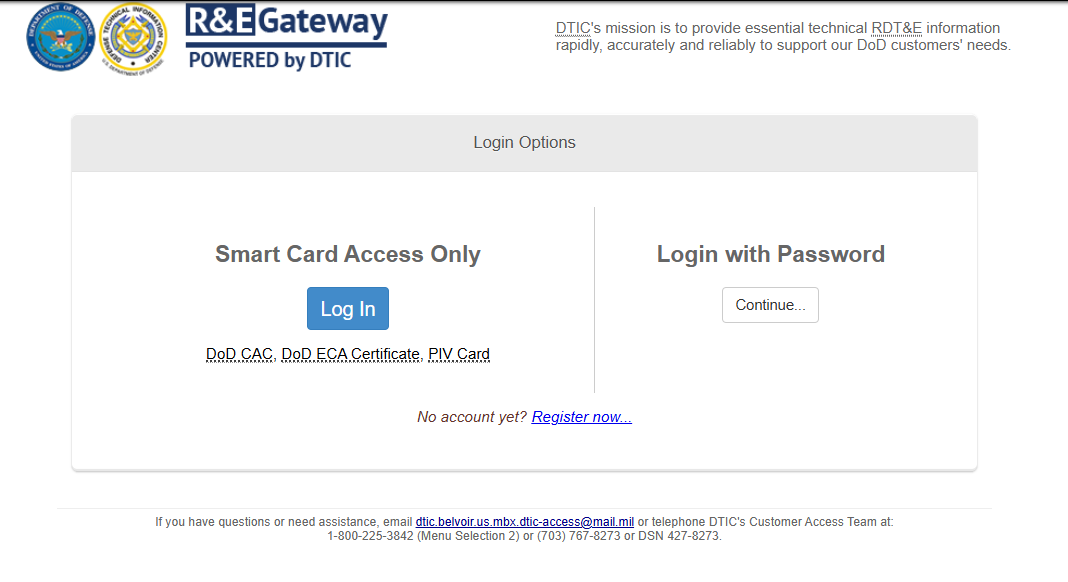 The R&E Gateway login options page offering smart card access, password sign-in, and a register link