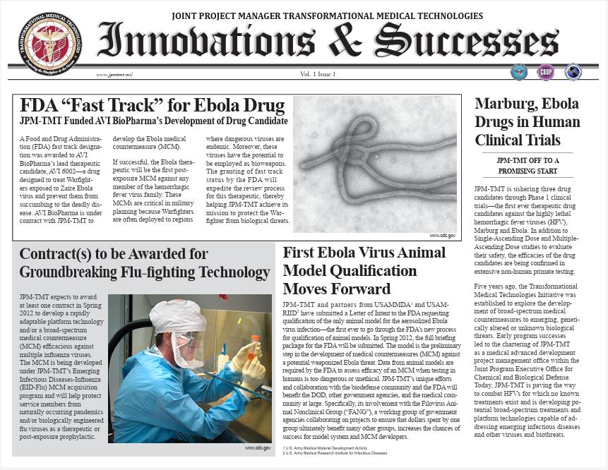 Innovations & Successes newsletter front page for the DoD JPM-TMT program.
