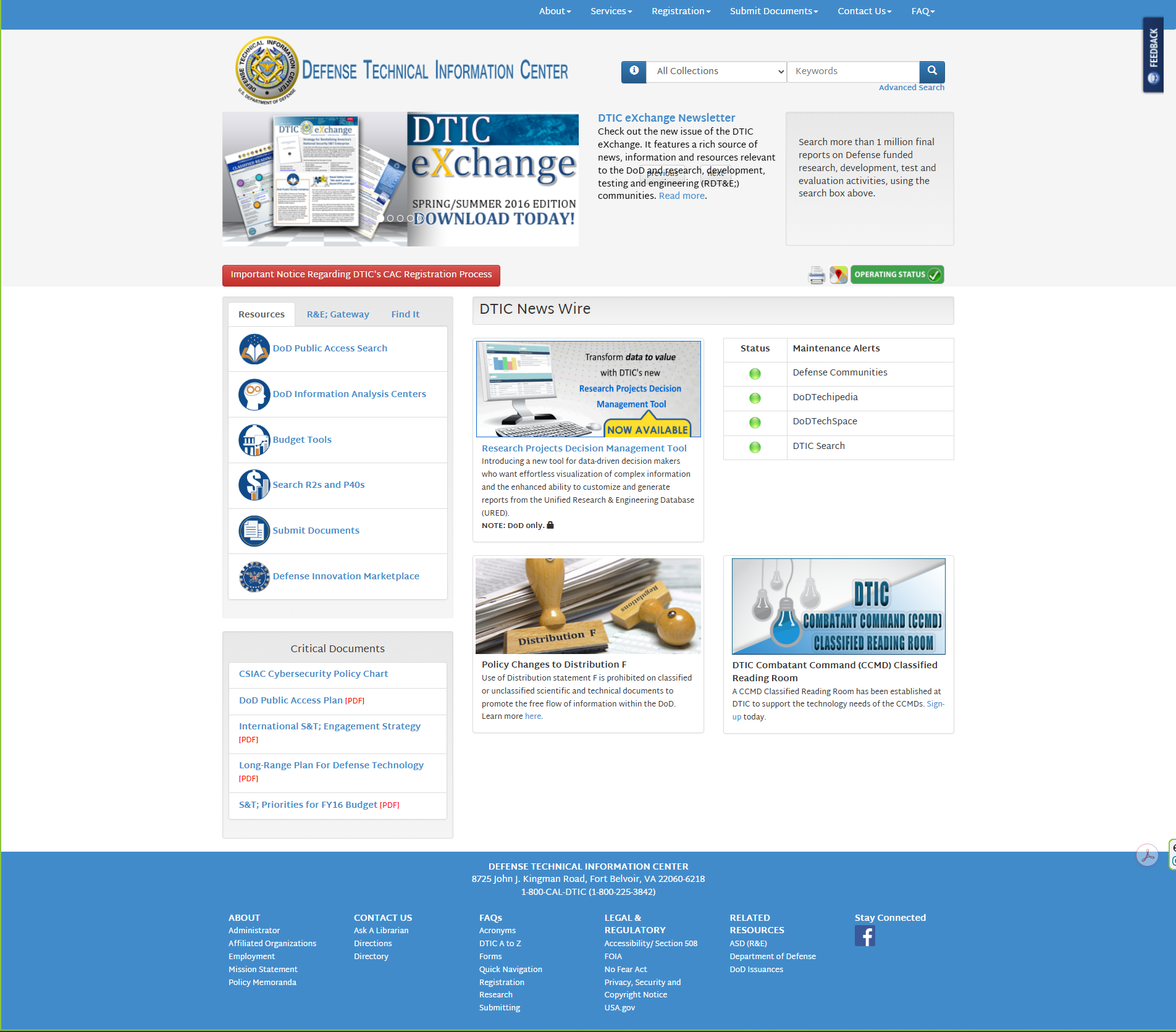 The DTIC website in 2016 with the eXchange newsletter promotion and a resources tab list
