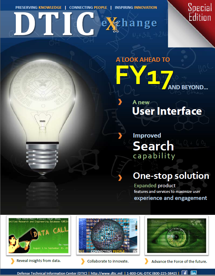 DTIC eXchange special-edition newsletter front cover previewing FY17 product updates.