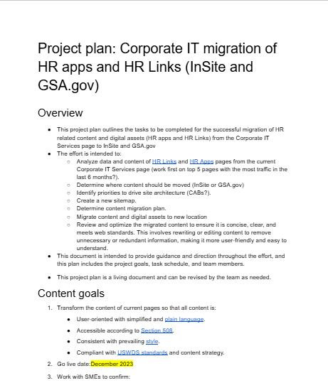 Project plan document for the Corporate IT migration of HR apps and HR Links to InSite and GSA.gov