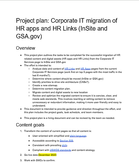 Project plan document for the Corporate IT migration of HR apps and HR Links to InSite and GSA.gov