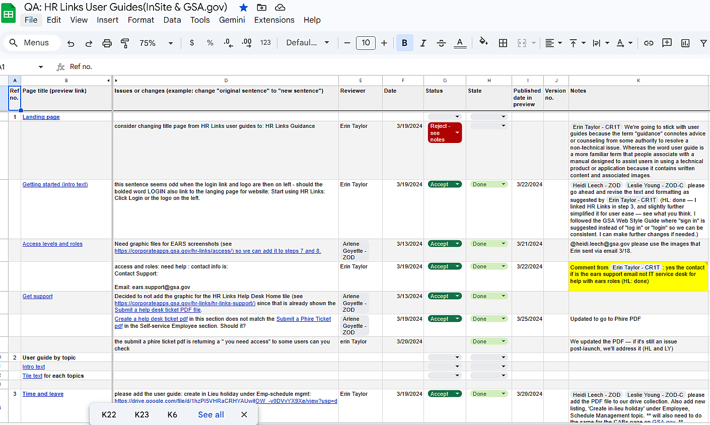 QA tracking spreadsheet for HR Links user guides with reviewer, status, and notes columns