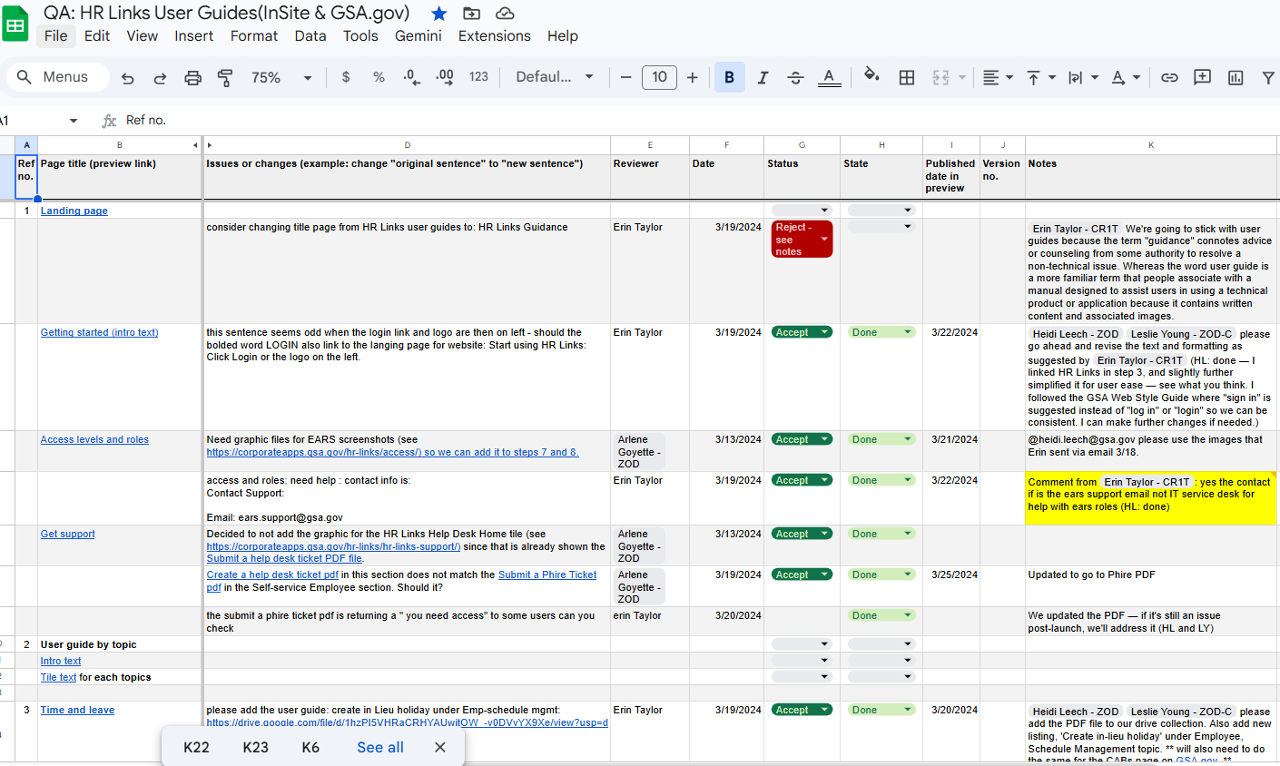 QA tracking spreadsheet for HR Links user guides with reviewer, status, and notes columns