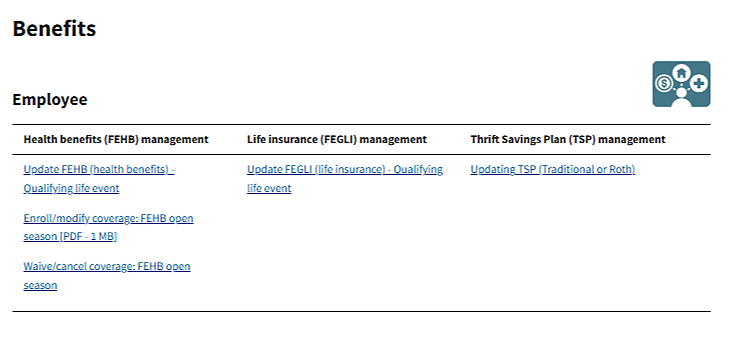 Benefits page grouped by FEHB, FEGLI, and TSP management with employee task links