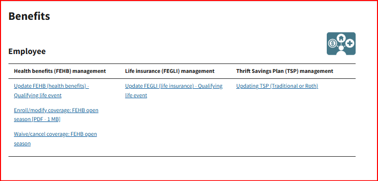 Benefits page grouped by FEHB, FEGLI, and TSP management with employee task links