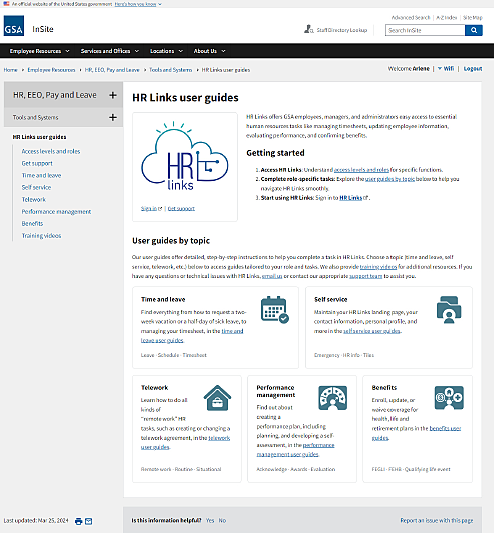 Redesigned HR Links user guides landing page with topic-based navigation