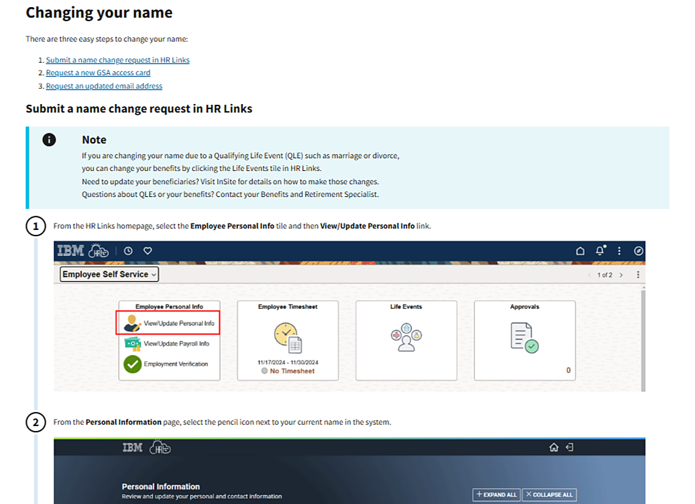 Changing your name guide with three numbered steps and inline screenshots