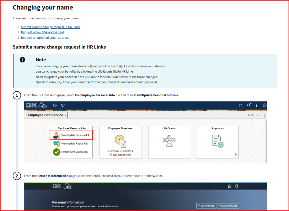 Changing your name guide with three numbered steps and inline screenshots