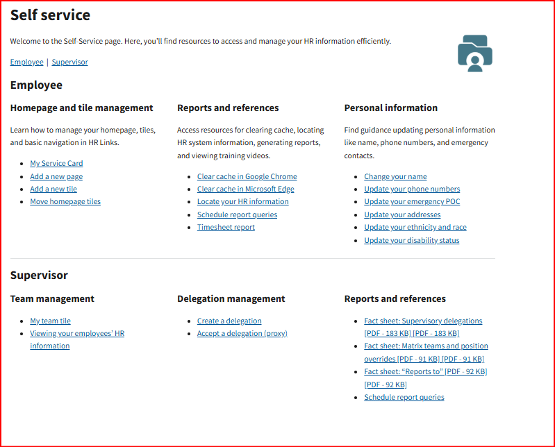 Redesigned HR Links Self Service page with grouped tasks