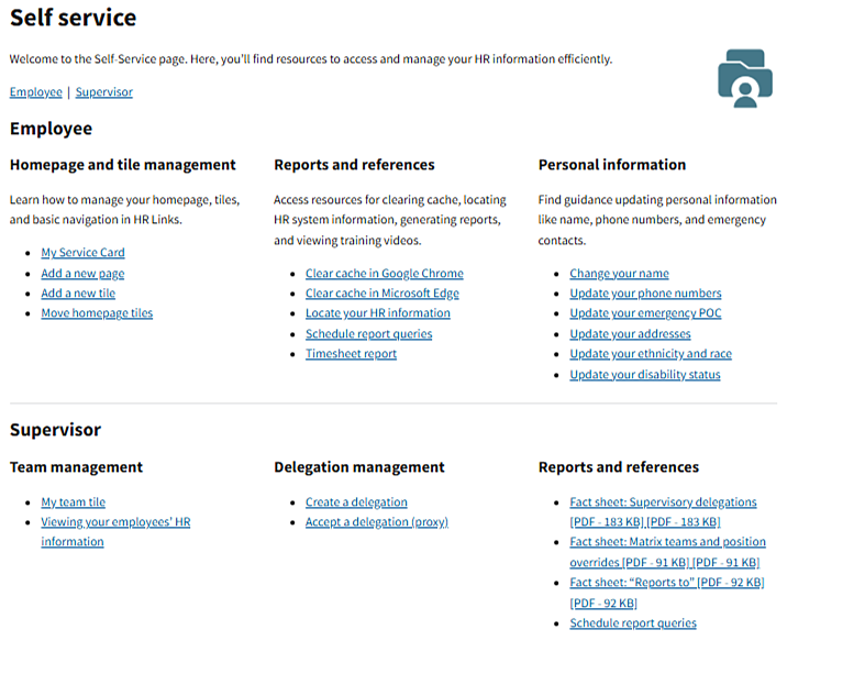 Redesigned HR Links Self Service page with grouped tasks