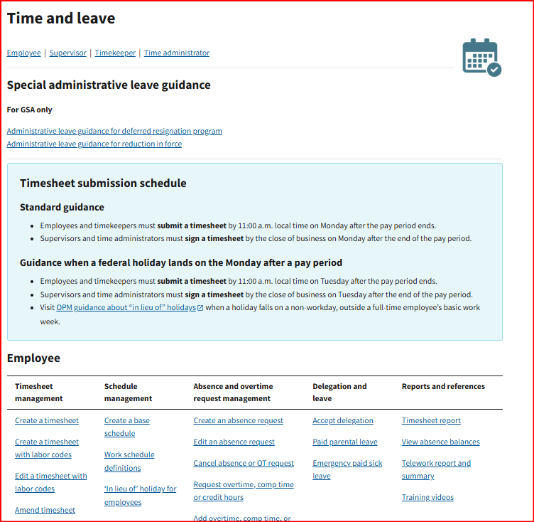 Redesigned HR Links Time and leave page with role-based tables