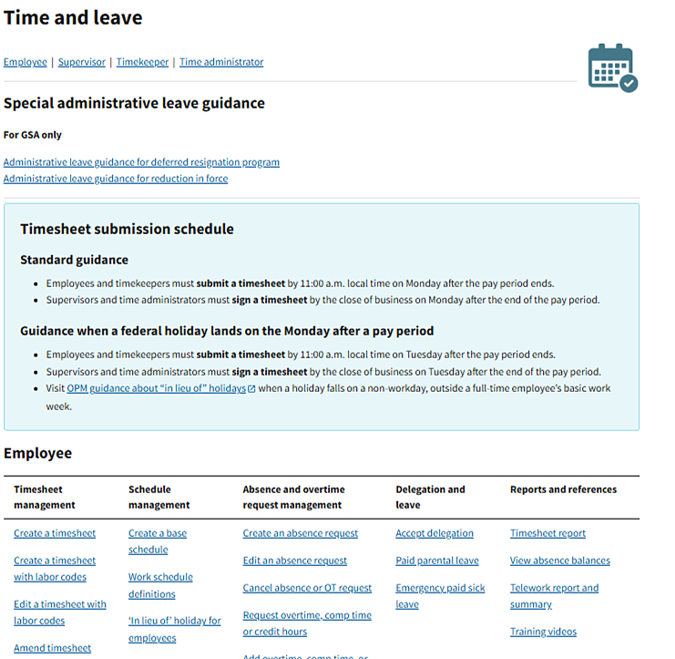 Redesigned HR Links Time and leave page with role-based tables