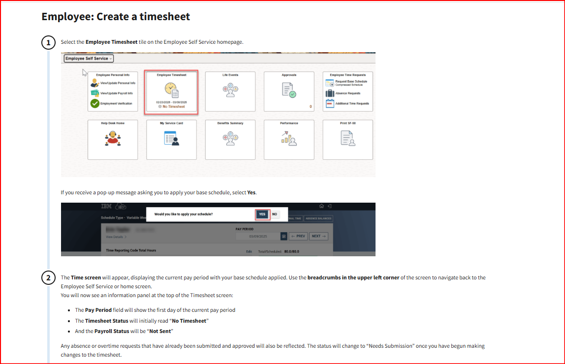 Step-by-step Employee: Create a timesheet guide with numbered steps and screenshots