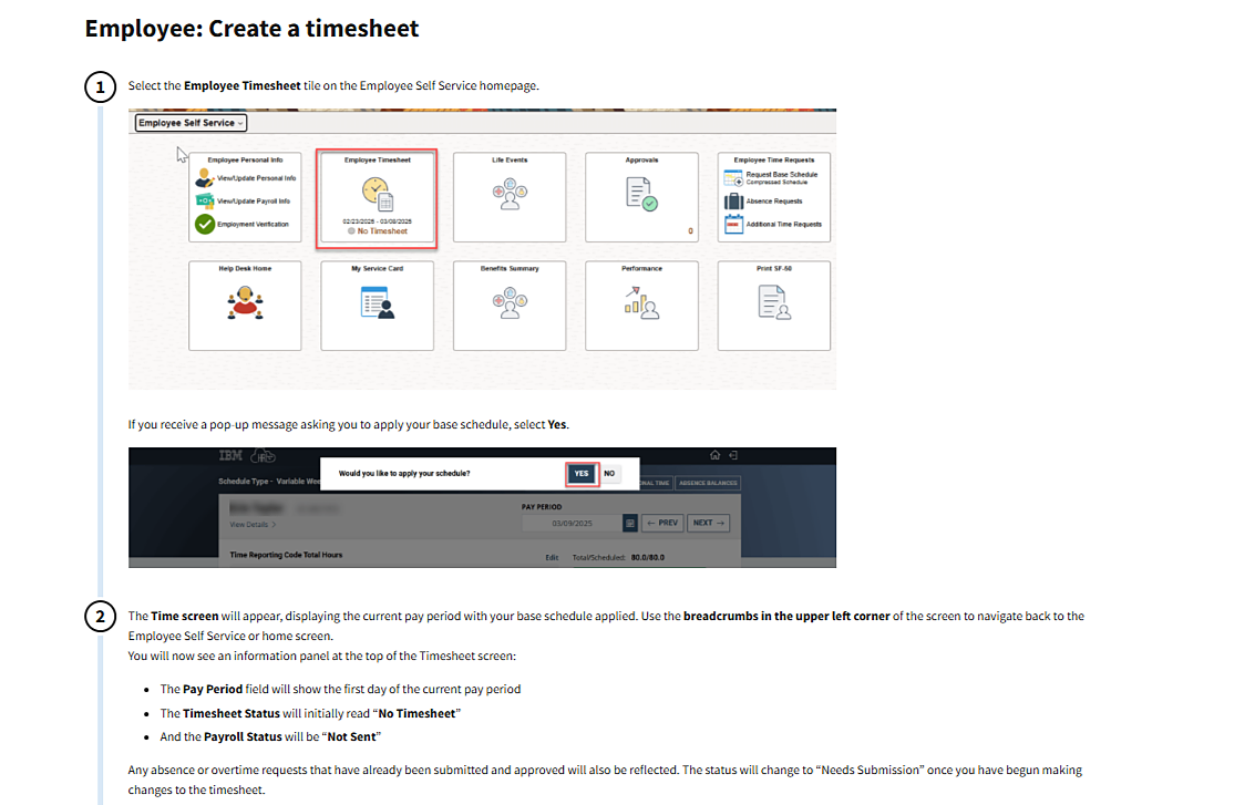 Step-by-step Employee: Create a timesheet guide with numbered steps and screenshots