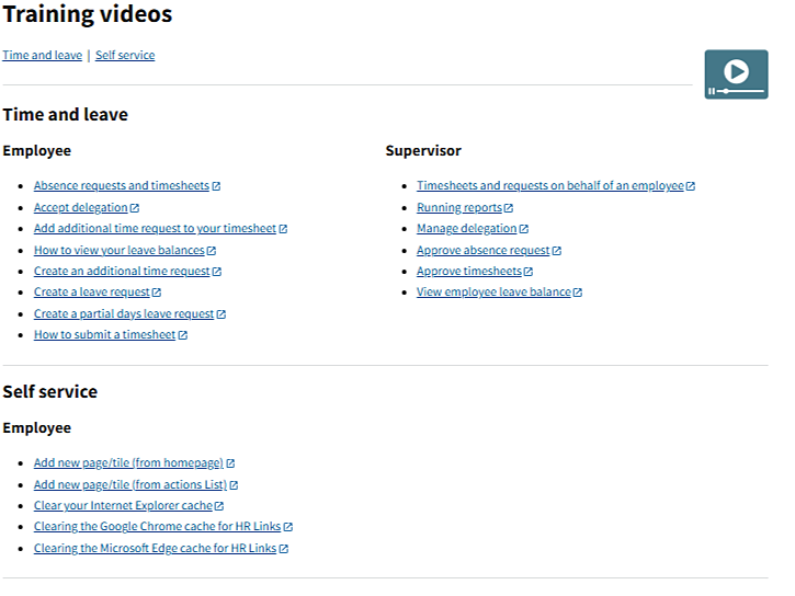 Training videos page split by Time and leave and Self service with employee and supervisor lists