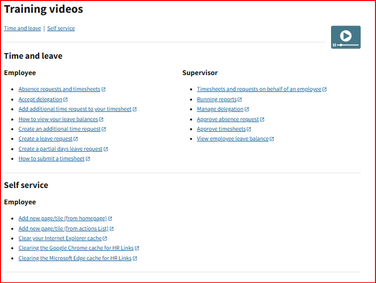 Training videos page split by Time and leave and Self service with employee and supervisor lists