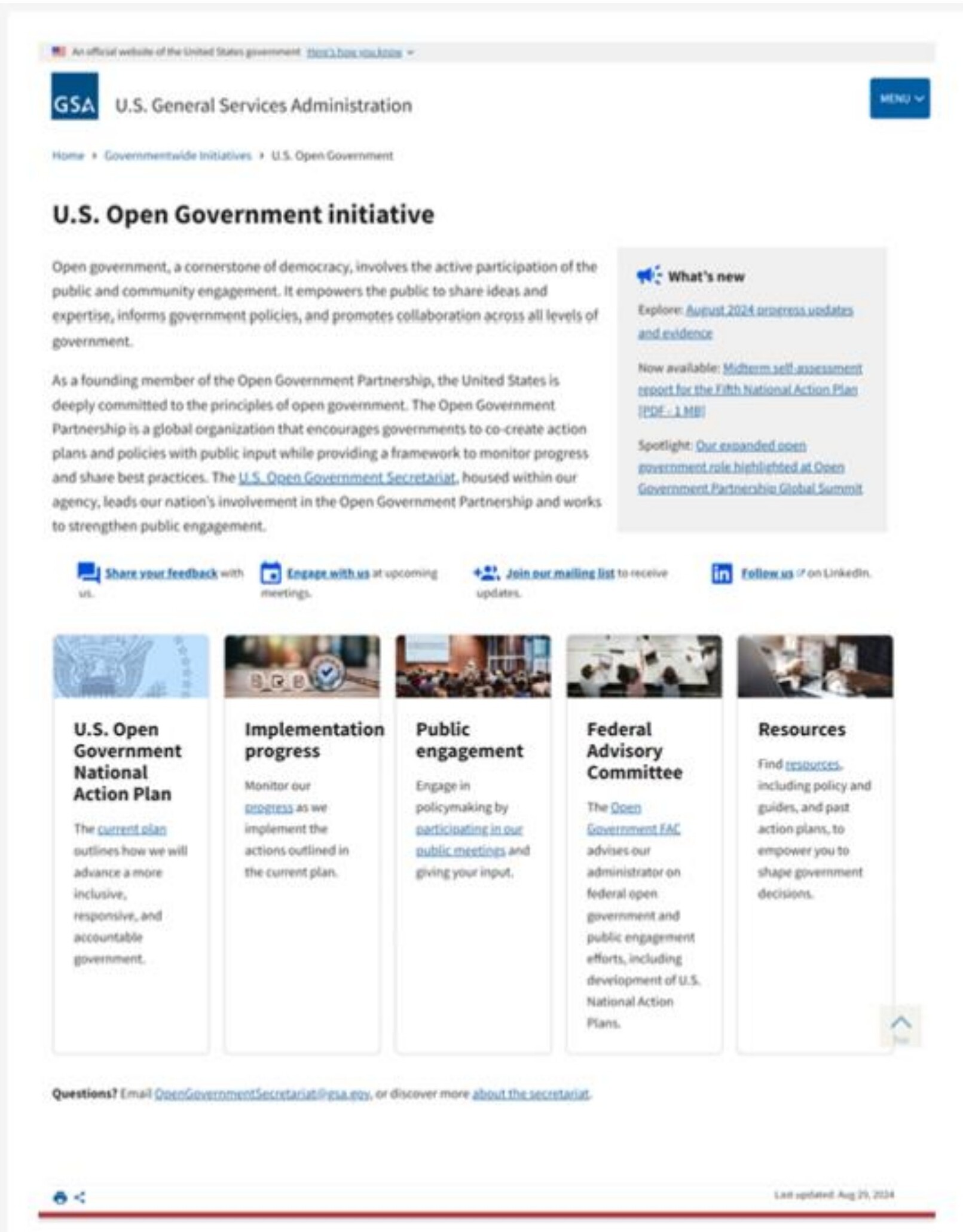 Redesigned U.S. Open Government homepage with topic-based navigation