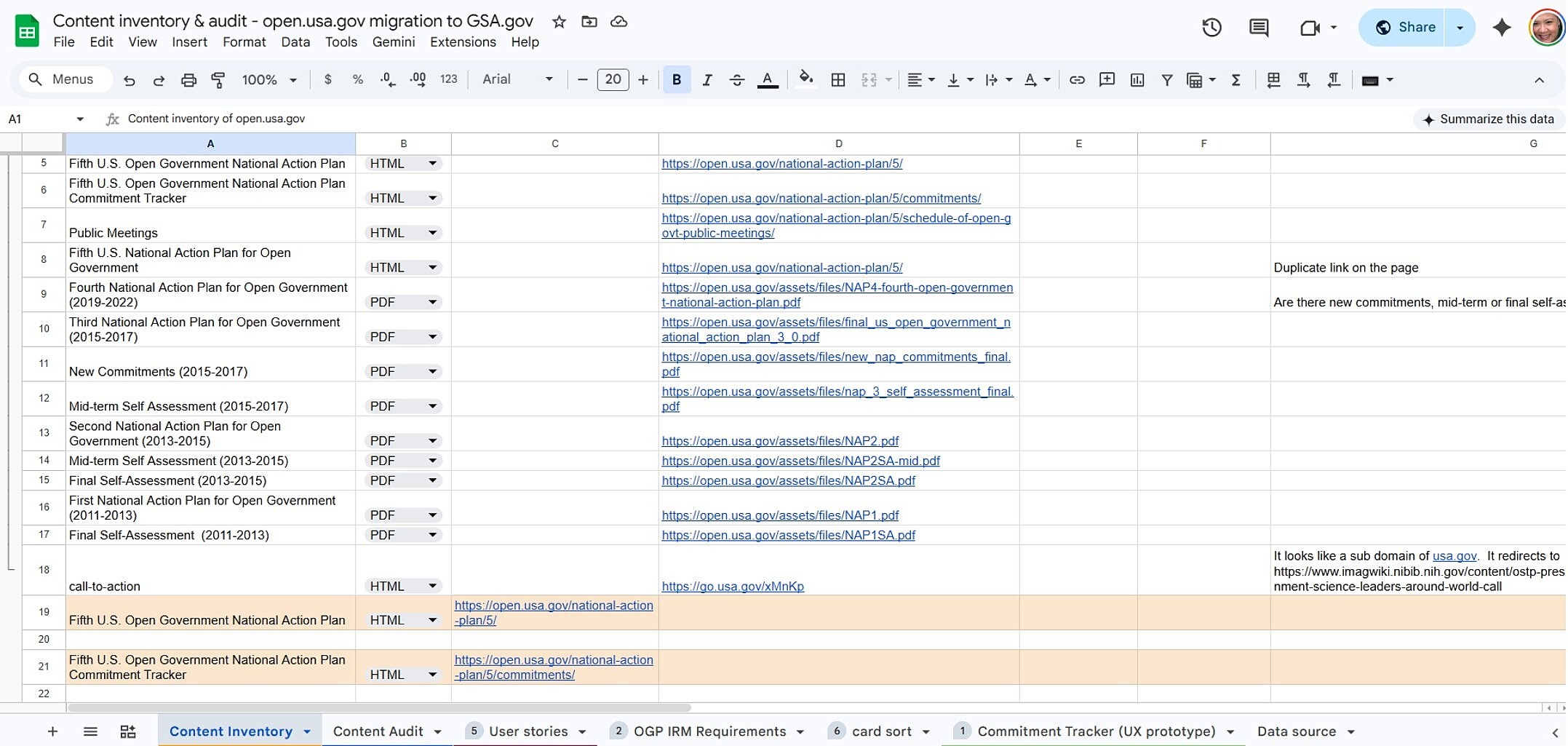 Content inventory and audit spreadsheet used to align stakeholders