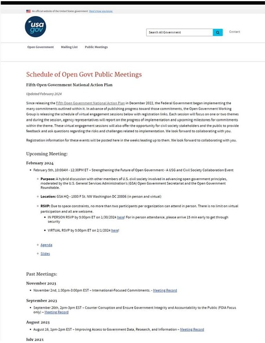 Legacy public meetings page with cluttered list of links