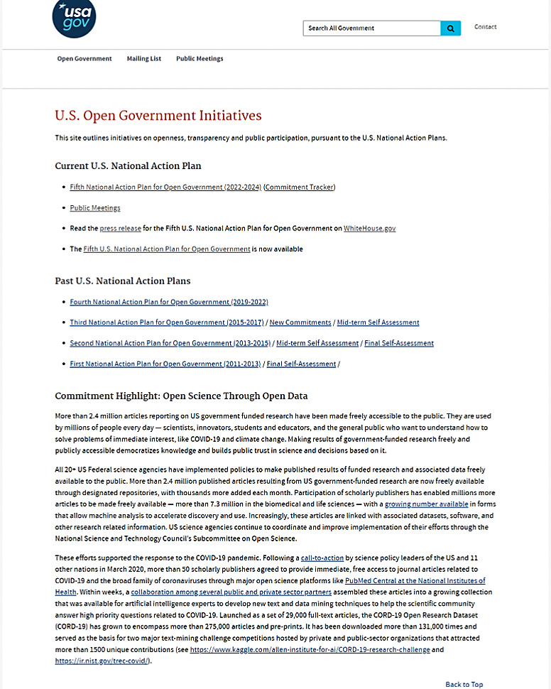 Legacy U.S. Open Government homepage with fragmented navigation