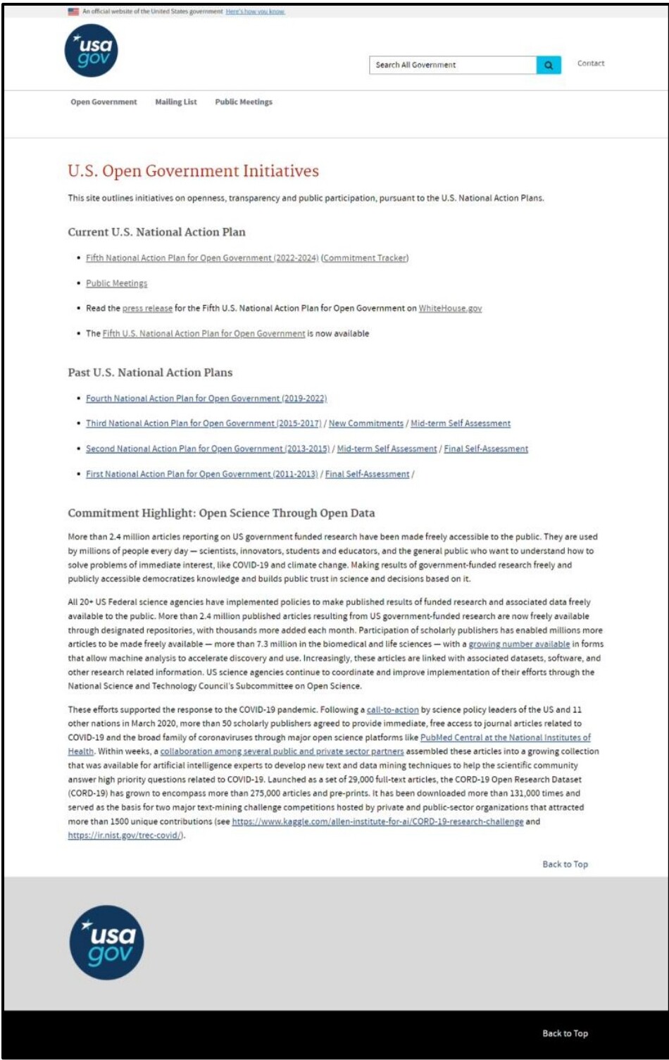 Screenshot of the legacy U.S. Open Government Initiatives page showing dense action plan content