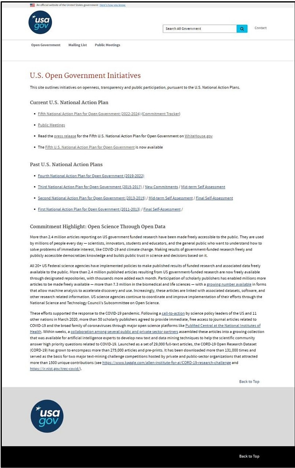 Screenshot of the legacy U.S. Open Government Initiatives page showing dense action plan content